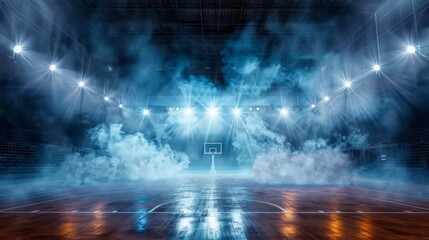 Dynamic view of a basketball court in a stadium with bright lights and theatrical smoke effects - obrazy, fototapety, plakaty
