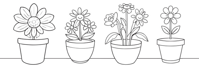 Set of continuous one line drawing of a flowers in a pots
