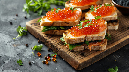 A wooden kitchen board holds a sandwich topped with both red and black caviar