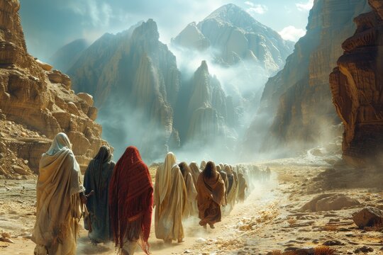 Moses leads jews through desert, biblical journey to promised land in sinai. religious historical escape narrated in bible, showcasing moses leadership and divine intervention in israelite exodus.