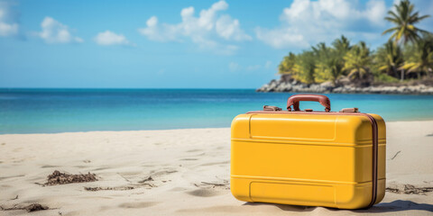 Yellow hand luggage suitcase for travel on the sandy beach of a tropical island. Vacations and visiting tourist places. - obrazy, fototapety, plakaty