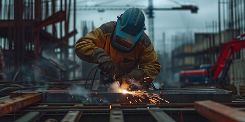 A worker carries out welding work at a construction site - obrazy, fototapety, plakaty