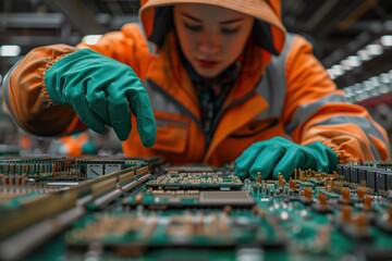 A skilled technician, dressed in an orange jacket and green gloves, meticulously works on a complex circuit board indoors, showcasing their expertise in electronic engineering