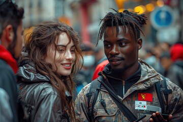 Obraz premium A fleeting moment of connection amidst the bustling city streets as a man and woman share a smile, their faces illuminated by the warm glow of the sun and adorned in stylish jackets