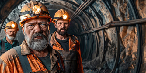 a group of miners of different nationalities against the backdrop of a tunnel in a mine - obrazy, fototapety, plakaty