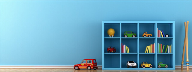 Blue wall and bookshelf with colorful toys and books in front of it - obrazy, fototapety, plakaty