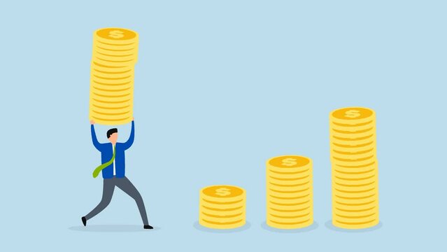 4k Animation Compound interest effect, Businessman investor holding a large stack of dollar coins to use as a growth compound graph.