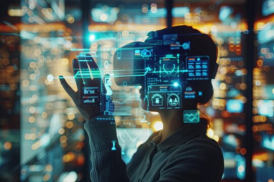 A woman wearing a virtual reality headset reaches out to touch an augmented reality interface displaying various digital symbols, icons, and data graphics. Generative AI