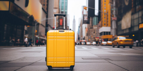 Yellow travel suitcase on a big city street background. Vacations and visiting tourist places.
