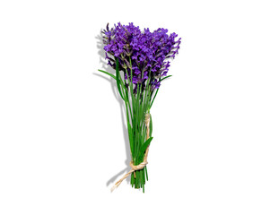 A bouquet of lavender tied with a rope, isolated on a neutral transparent background. With a subtle shadow. Spring concept, congratulations on birthday, mother, anniversary, Valentine's Day, March 8th