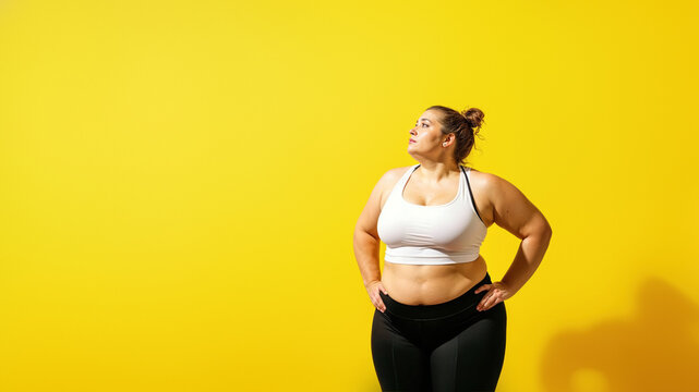 A strong woman confidently poses against a yellow wall, her white tank top and black pants accentuating her toned shoulders, stomach, and waist as she rests her elbow on the wall, showcasing her acti