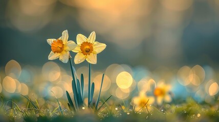 Sprouted spring flowers, daffodils in early spring, yellow, narcissus, garden, easter flowers, banner, background