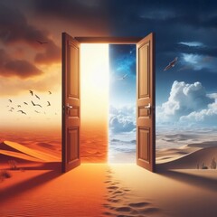 Conceptual image of open door in desert with sand dunes