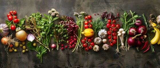 Stunning overhead photo composition of seasonal harvest of fruits, vegetables, herbs signifying farm to table approach for balanced nutritious diet