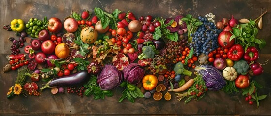 Obraz na płótnie Canvas Stunning overhead photo composition of seasonal harvest of fruits, vegetables, herbs signifying farm to table approach for balanced nutritious diet