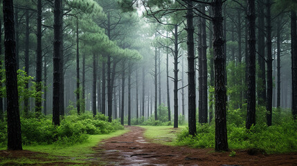 rainy afternoon in a pine forest. a light rain falls - obrazy, fototapety, plakaty