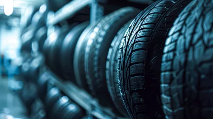 Fotobehang Rows of new car tires on display at an automotive store, showcasing variety and tread patterns in a retail setting. © Kowit