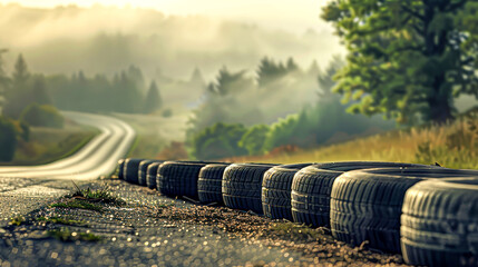 The golden hour sun casts a warm glow on a vehicle's tire on an open road, evoking a sense of...