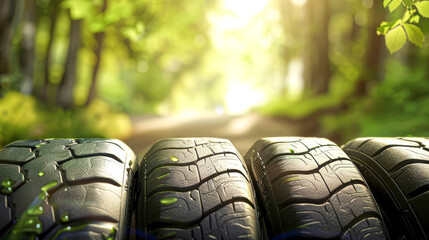 The golden hour sun casts a warm glow on a vehicle's tire on an open road, evoking a sense of...