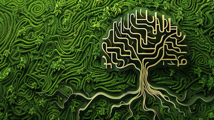A paper-cut image of a tree with roots shaped like a maze, symbolizing the challenges and...