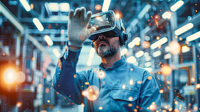 Industrial worker in a hard hat using VR goggles and a tablet inside a manufacturing plant, integrating advanced technology for efficiency.