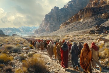 Moses leads jews through desert, biblical journey to promised land in sinai. religious historical escape narrated in bible, showcasing moses leadership and divine intervention in israelite exodus.