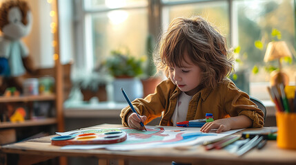 Toddler panting with pencils at kindergarden classroom - obrazy, fototapety, plakaty
