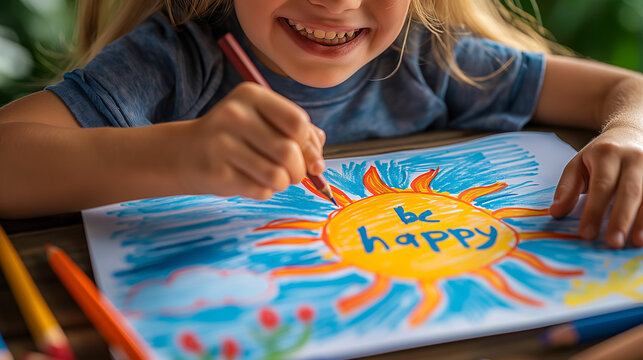 little girl painting sun with crayons and pencils, be happy, possitive message