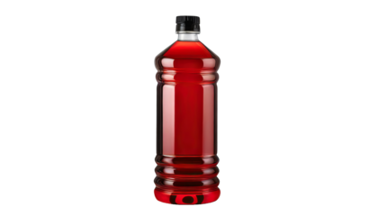 a red bottle with oil on it, isolated on a transparent background. PNG cutout or clipping	

