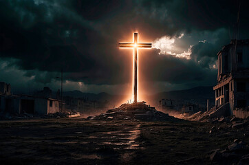 A cross shining in a city destroyed after the war. Concept of salvation through God's love and faith through adversity.