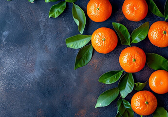 Fresh tangerines, clementines with leaves on dark background. Top view, copy space.