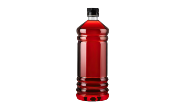 a red bottle with oil on it, isolated on a transparent background. PNG cutout or clipping	
