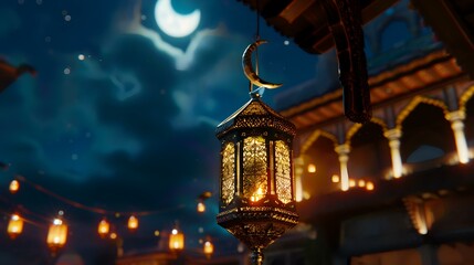 Obraz premium Ramadan Kareem's background with lanterns and a crescent moon.