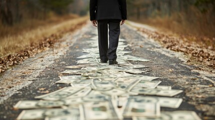Person Walking Down Road With Money - obrazy, fototapety, plakaty