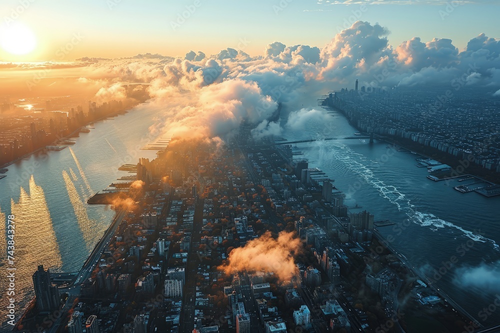 Poster a vast expanse of water beneath a canopy of billowing clouds, creating a surreal and mesmerizing sce