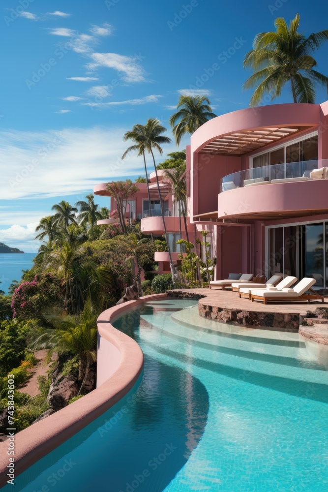Poster a charming pink house sits peacefully with a gleaming swimming pool in the foreground, creating a se