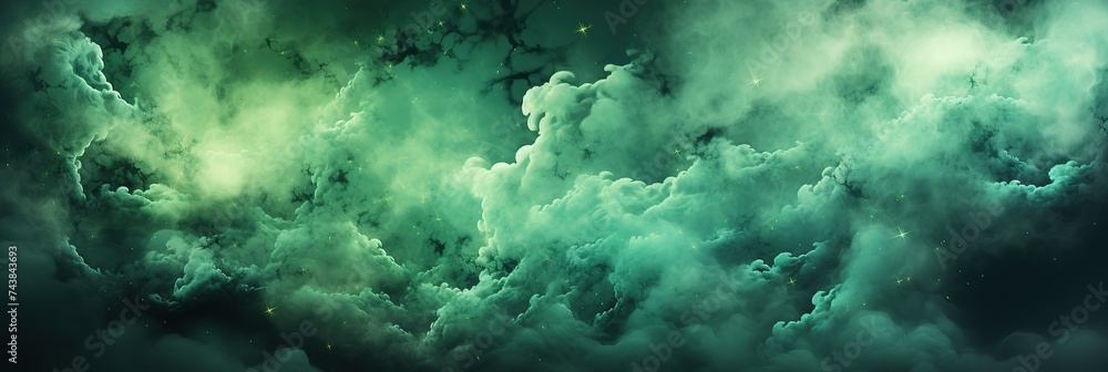 Aufkleber A mesmerizing scene of a green and black sky adorned with fluffy clouds and twinkling stars, creating a surreal and mysterious atmosphere