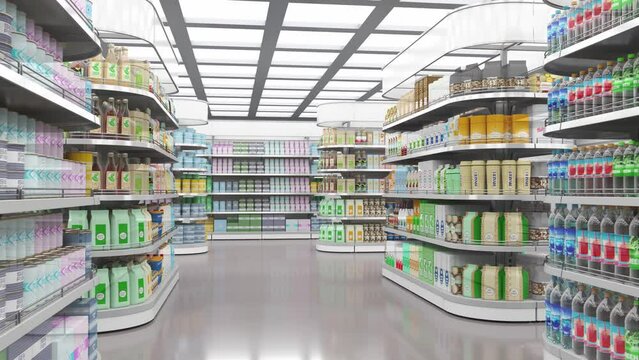 Supermarket interior with shelves of goods and empty. As you go through the shelves gradually empty. 3d animation