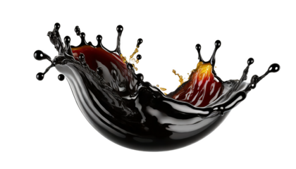 Black liquid splashes, swirl and waves with scatter drops. Paint, oil or ink splashing dynamic motion, design elements for advertising isolated on transparent background 