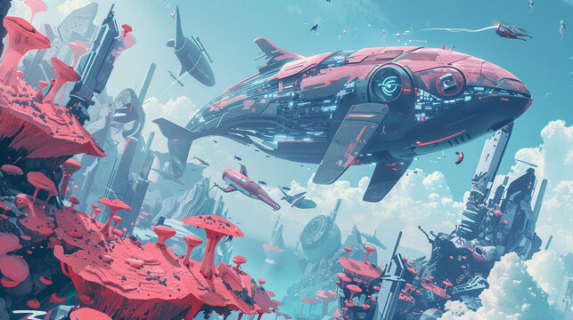 Illustrate a surreal underwater world filled with cutting edge technological elements