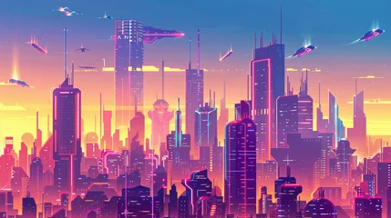 Poster A futuristic cityscape with towering skyscrapers and flying cars created by an AI illustrator who is known for their attention to detail and intricate designs © Bordinthorn