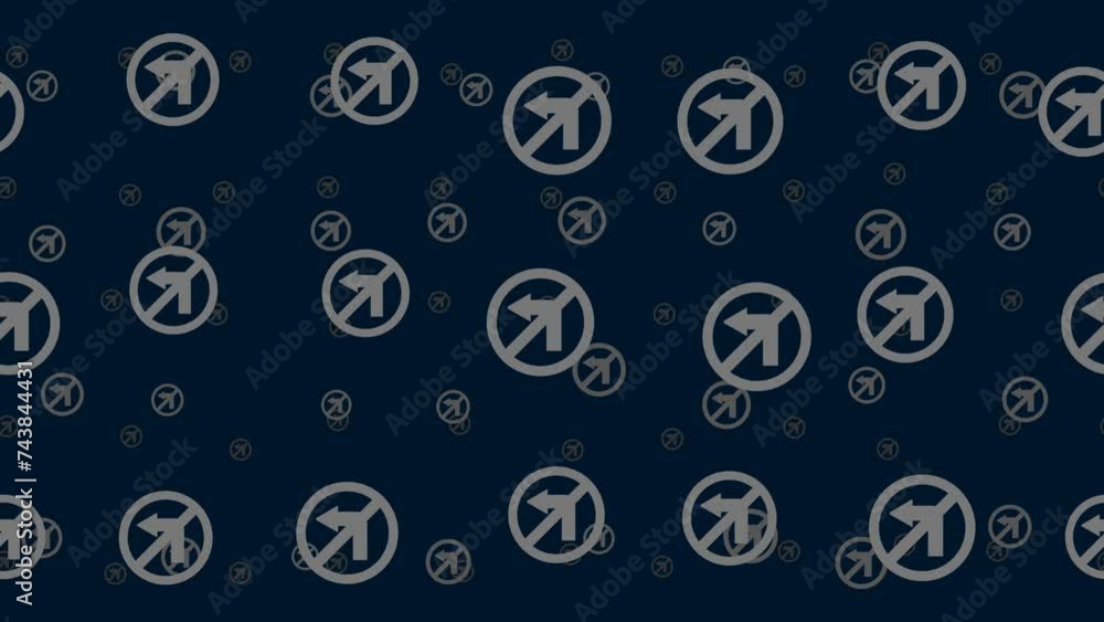 Poster no left turn signs float horizontally from left to right. parallax fly effect. floating symbols are 