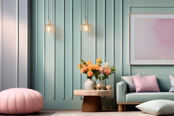 Studio shot photo of pastel colour interior living room wall space