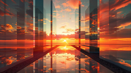 A surrealist rendition of a sun setting behind a mirrored building casting ephemeral shadows on the surrounding environment