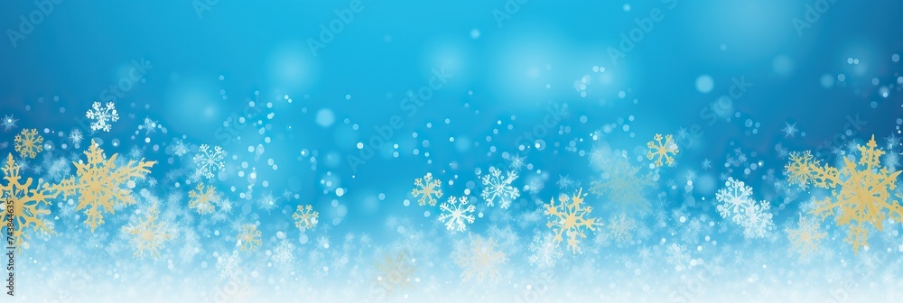 Poster blue and white background adorned with delicate snowflakes falling gracefully, creating a serene and