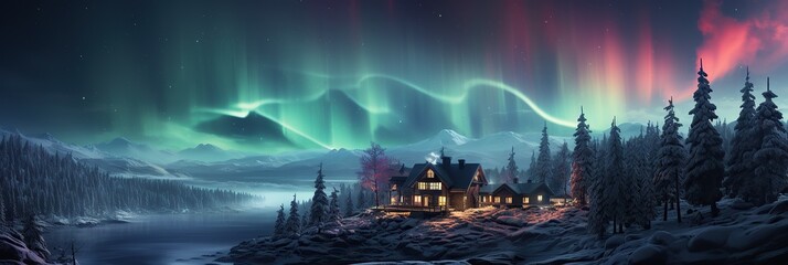 Aurora Over Winter Cabin. A serene house stands proudly in the heart of a snow-covered forest, surrounded by tall trees and untouched white landscape
