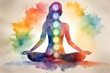 Watercolor artistic image of beautiful woman in yoga pose all shakra colors glow around her she is surrounded by plants candles and crystals