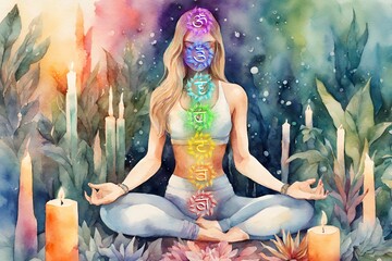 Watercolor artistic image of beautiful woman in yoga pose all shakra colors glow around her she is surrounded by plants candles and crystals - obrazy, fototapety, plakaty