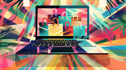 Create a digital artwork inspired by online shopping using a laptop as the main subject - obrazy, fototapety, plakaty