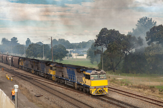 Coal train and smoke from a grass fire